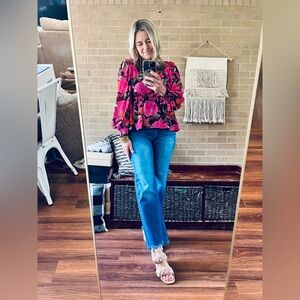 Blu Pepper Floral V-Neck Peplum Blouse - Pink & Orange on Black